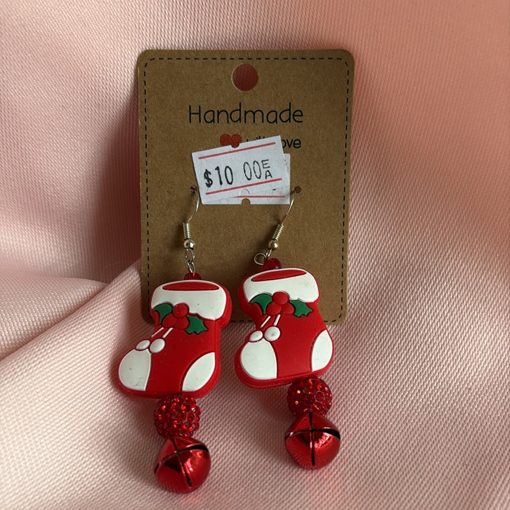 Handmade Christmas Stocking Rhinestone Bell Earrings